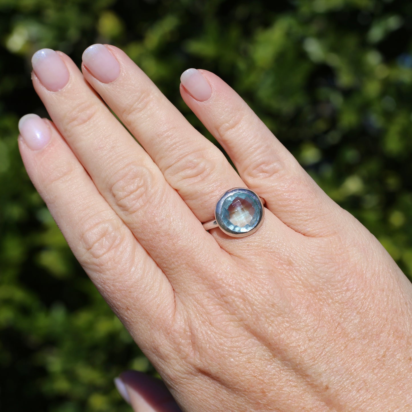 Bezel Set Harlequin Cut Blue Topaz Ring, Sterling Silver, size O or 7.25 (fits bigger)