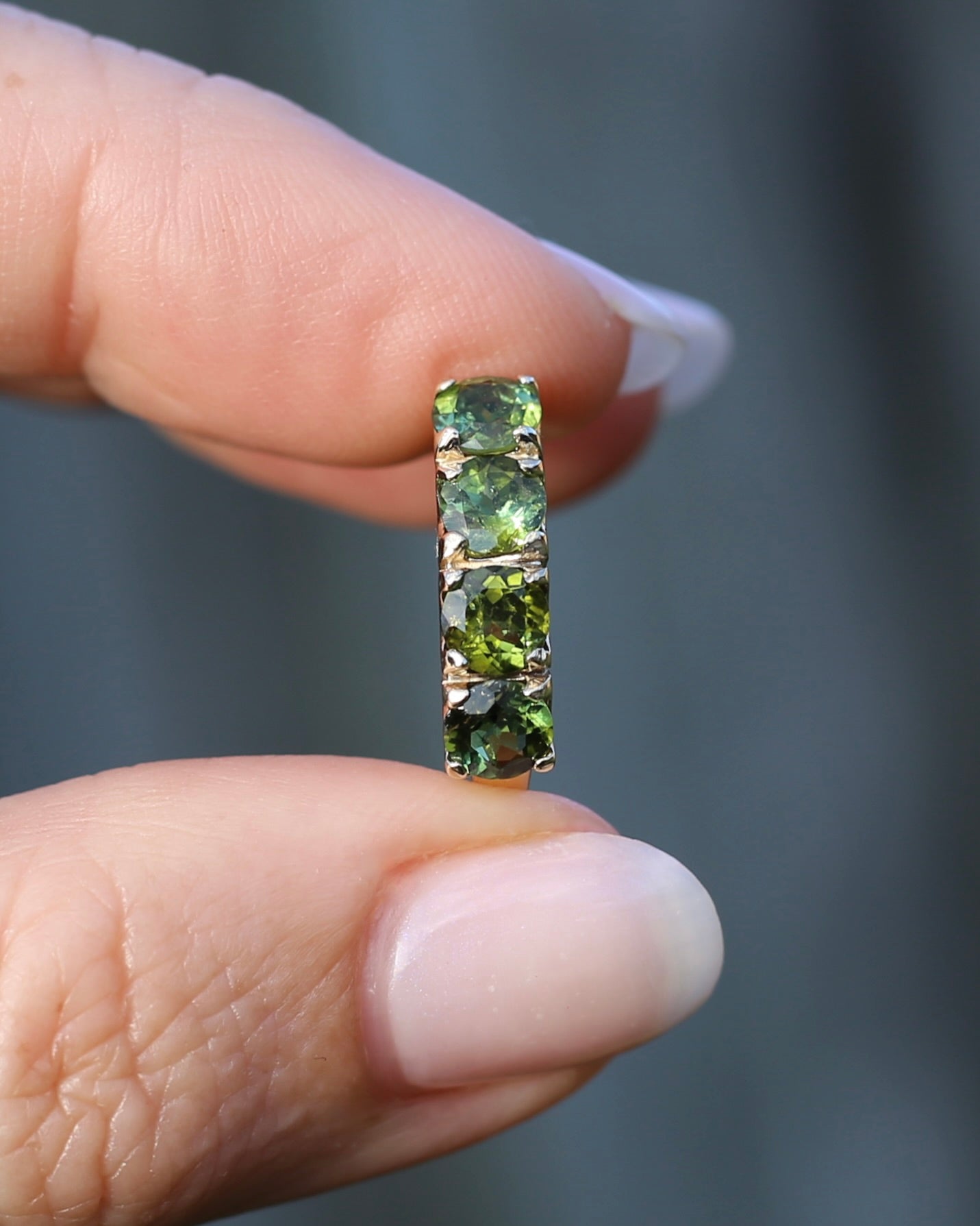 1.75ct Four Stone Natural Green Tourmaline Ring, 9ct Yellow Gold, size N1/2 or just over 6.75, 2.37g