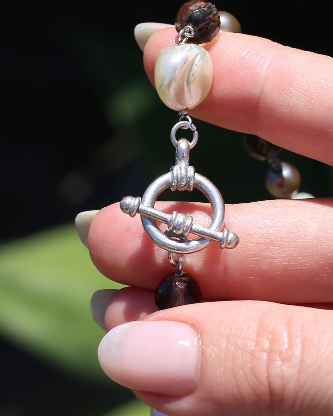 Baroque White Pearl, Grey Pearl and Smoky Quartz Neckalce, Silver Clasp and Findings, 43g