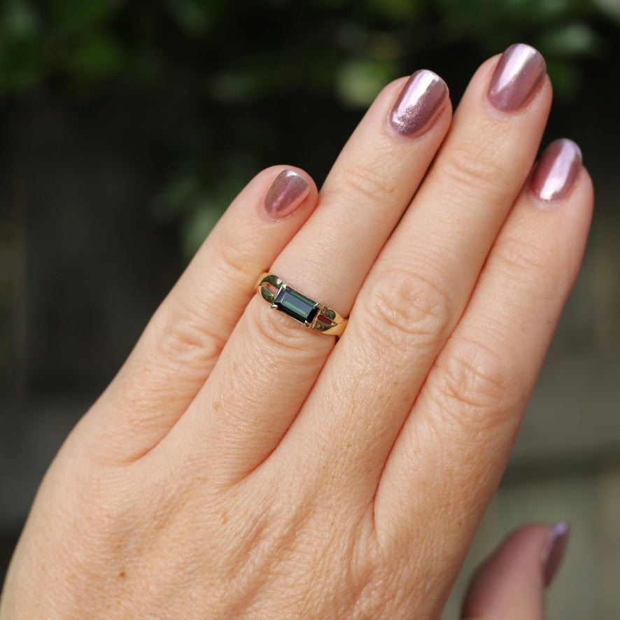 East West Set Emerald Cut Dark Green Natural Tourmaline Ring, 9ct Yellow Gold, size L or 5.75