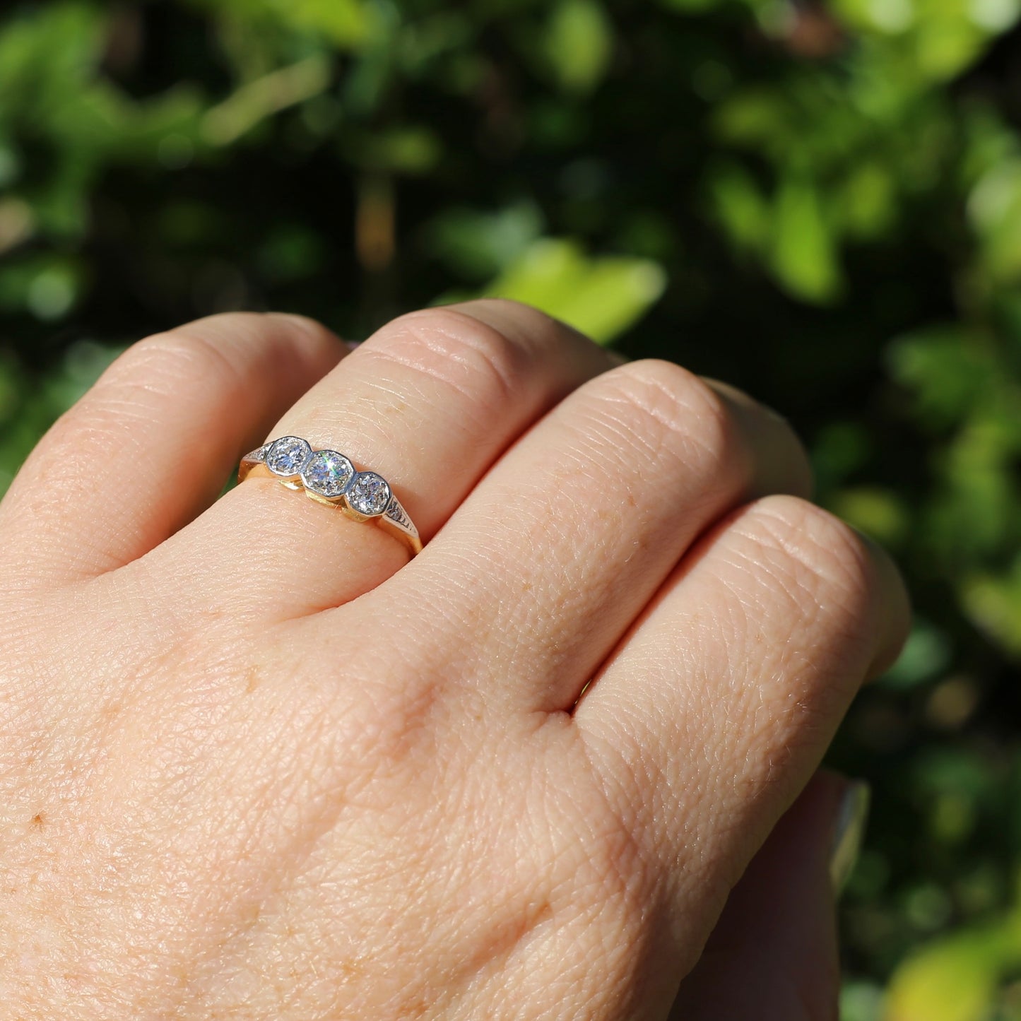 1930s Old and Transitional Cut Diamond Trilogy, 18ct Yellow and White Gold, size N or 6.75