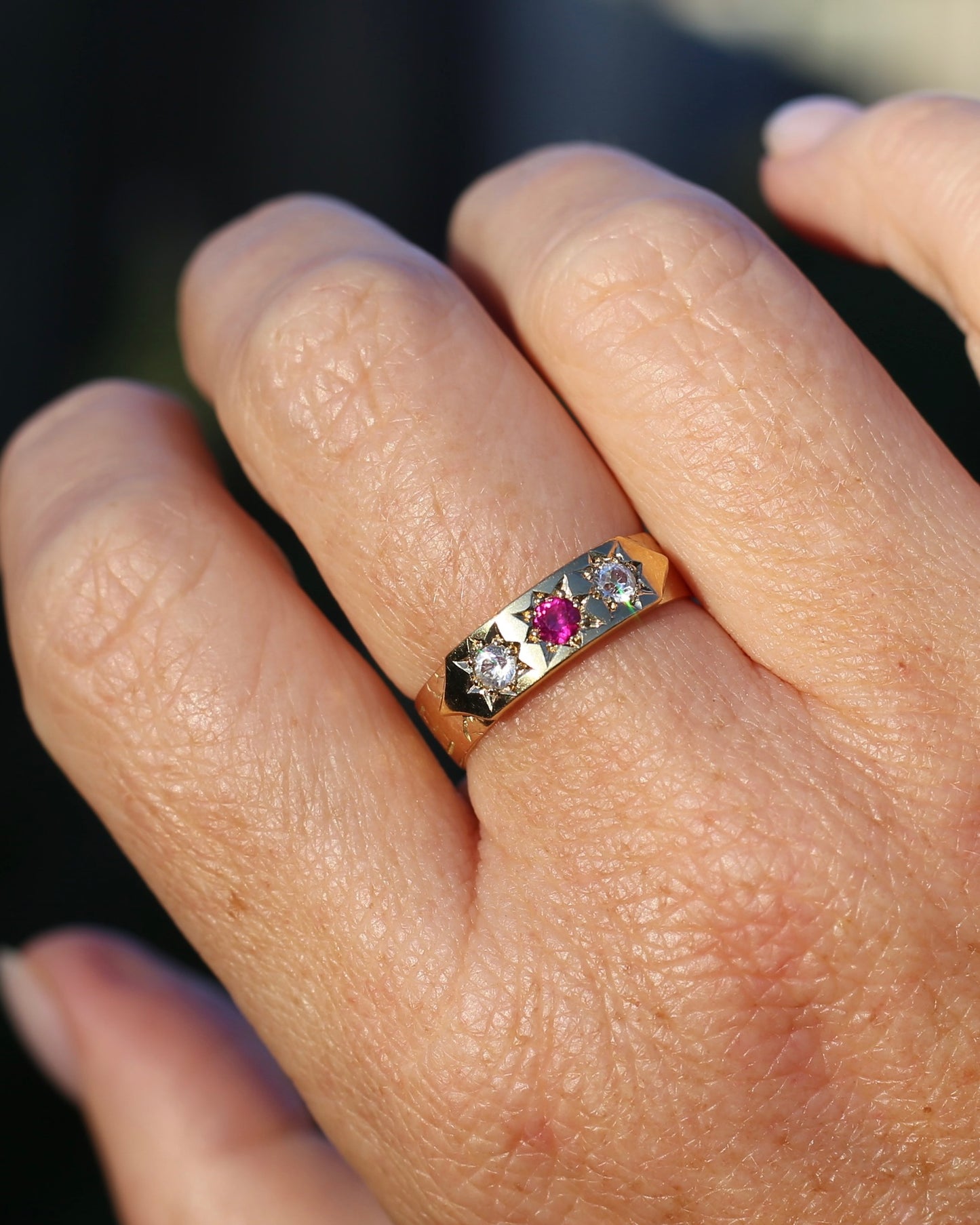 1873 15ct Band with 18ct Trilogy Old Cut Star Set Addition, 15 & 18ct Gold, size R1/2 or 8.75 (fits slightly smaller)