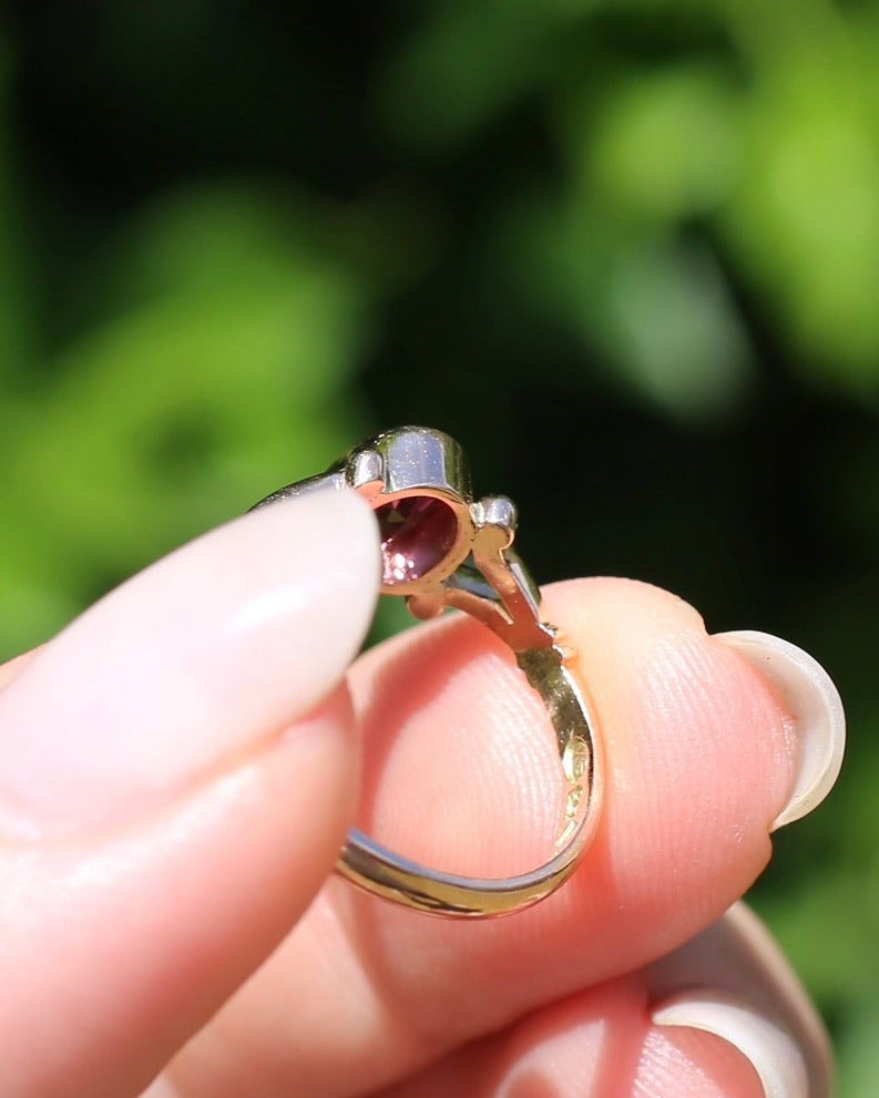 1996 Australian Made Bezel Set Rhodolite Garnet, 9ct Rose Gold, size O or just over 7, 2.60g