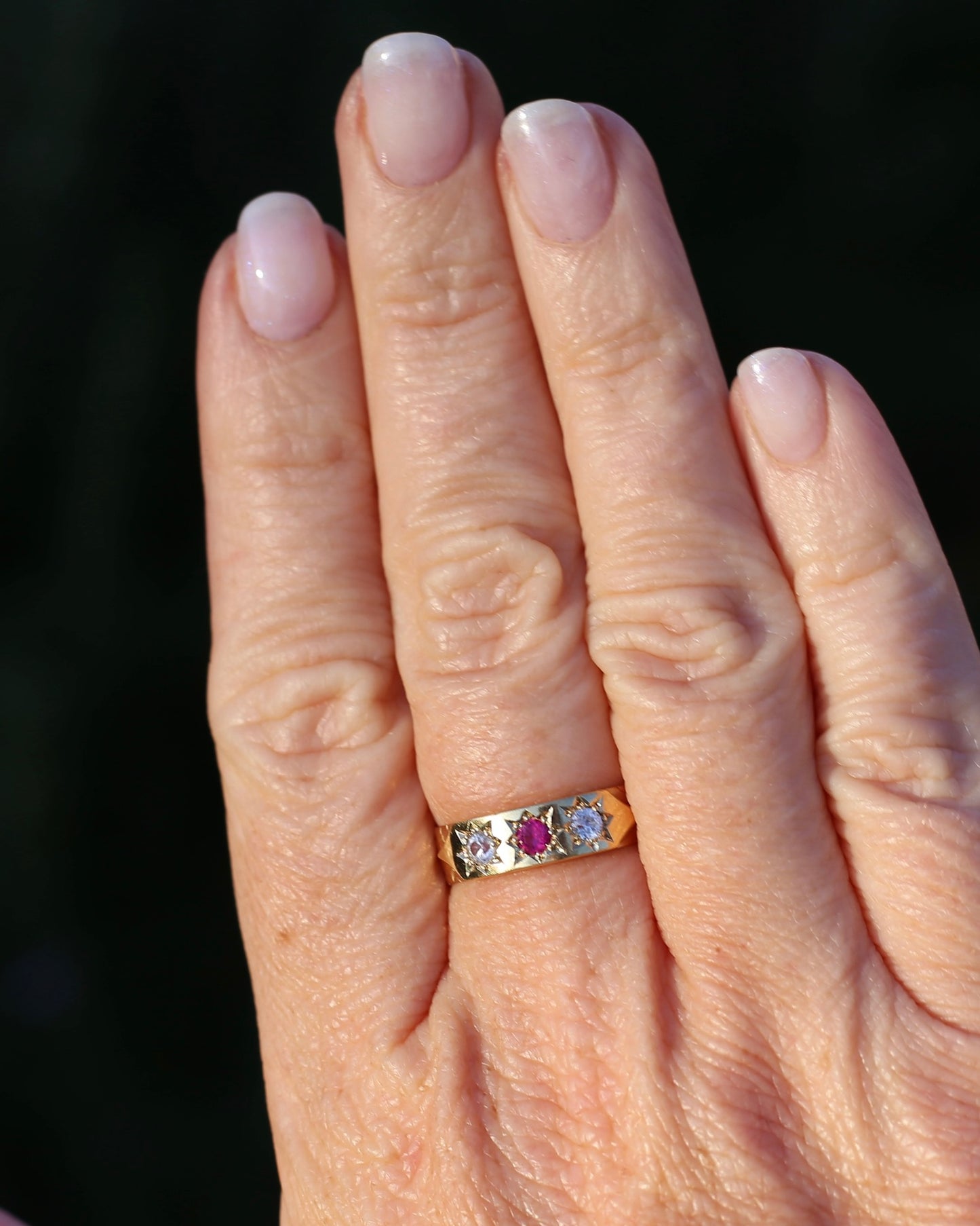 1873 15ct Band with 18ct Trilogy Old Cut Star Set Addition, 15 & 18ct Gold, size R1/2 or 8.75 (fits slightly smaller)