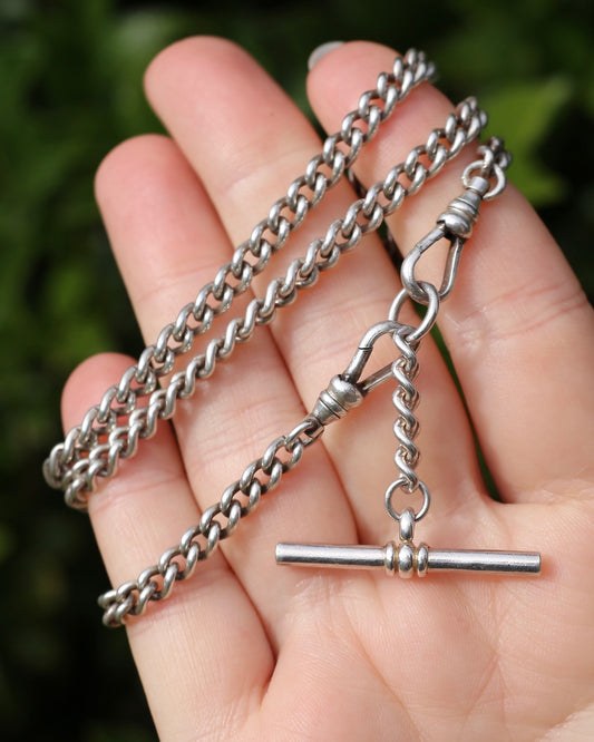 Vintage Silver Albert Chain, Likely American Made, Double Albert Clasp and Removable T-bar, Sterling Silver, 51.5cm