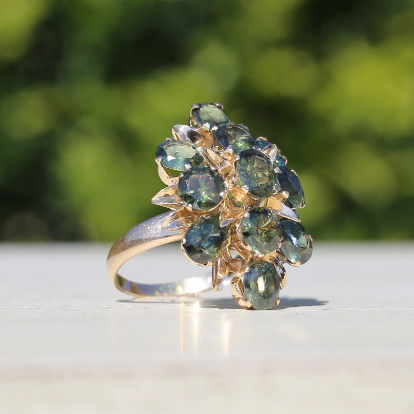 Brutalist Natural Green Sapphire Retro Ring, 14ct Yellow Gold, size 8 or Q