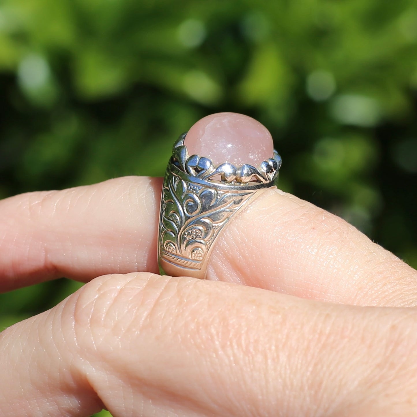 Rose Quartz Cabochon Ring, Sterling Silver, size O or 7.25