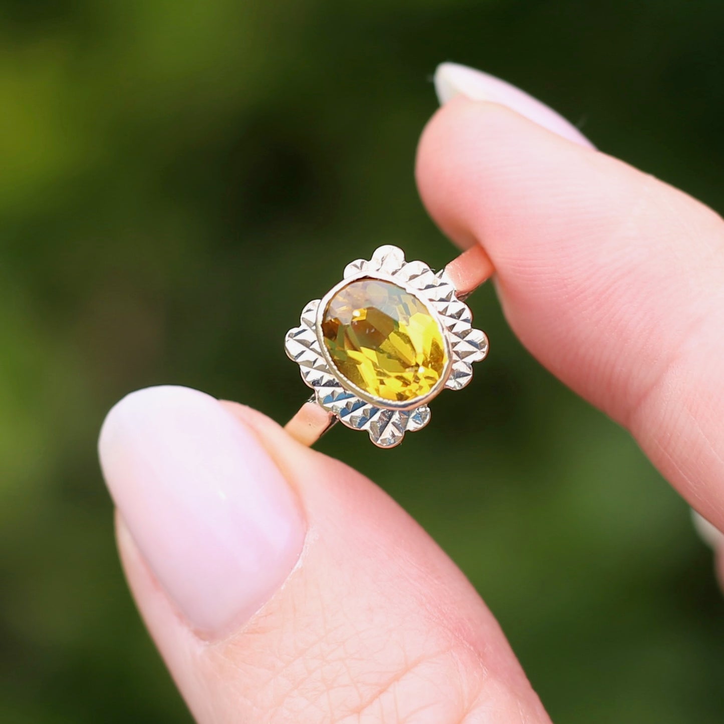 1994 Yellow Sapphire With Detailed Edges, 9ct Yellow Rosey Gold, size P or 7.5