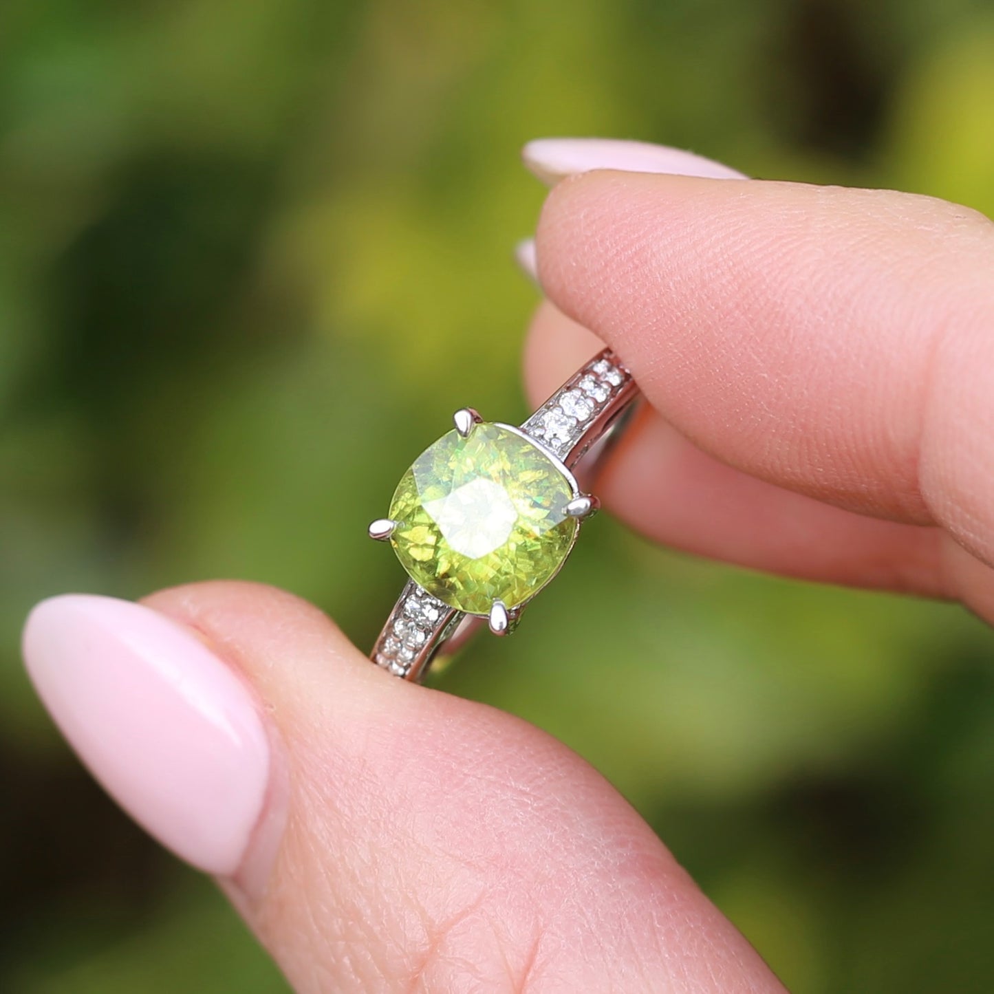 4.11ct Green Zircon and Diamond Ring, 14ct White Gold, size N1/2 or 7, with valuation