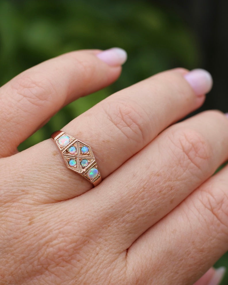 Outstanding Opals in Birmingham Made Rose Gold Shield Faced Ring, 9ct Rose Gold, size Q or 8.25, 2.57g