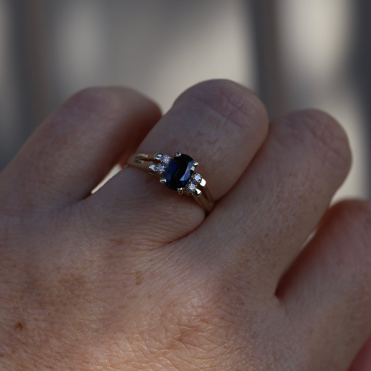 Oval Natural Blue Sapphire with Diamonds, Art Deco Feel Ring, 14ct Yellow Gold, size N or 6.75