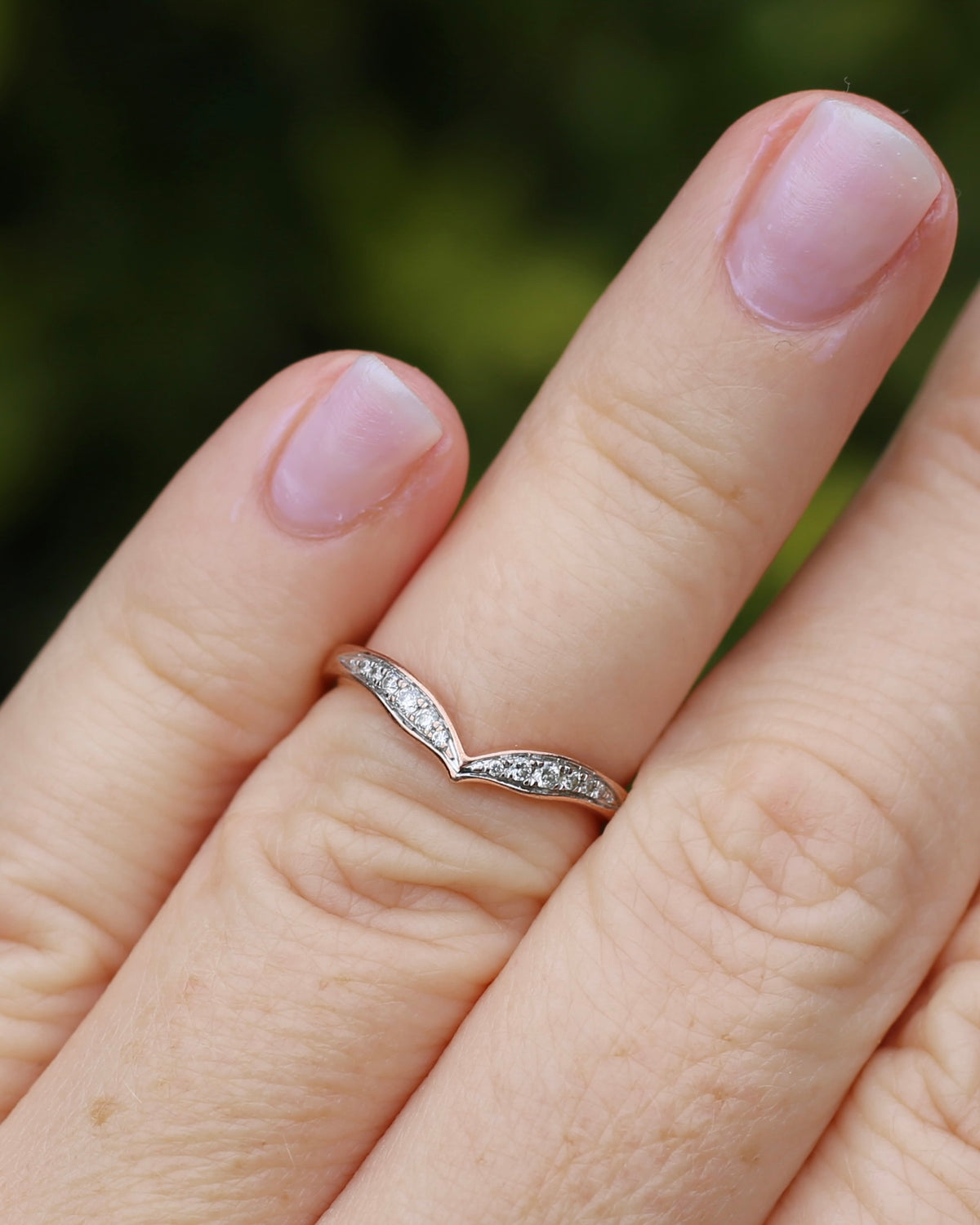 Bead Set Natural Diamond Wishbone Ring, 9ct Rose Gold, size J or 4.75, 1.7g