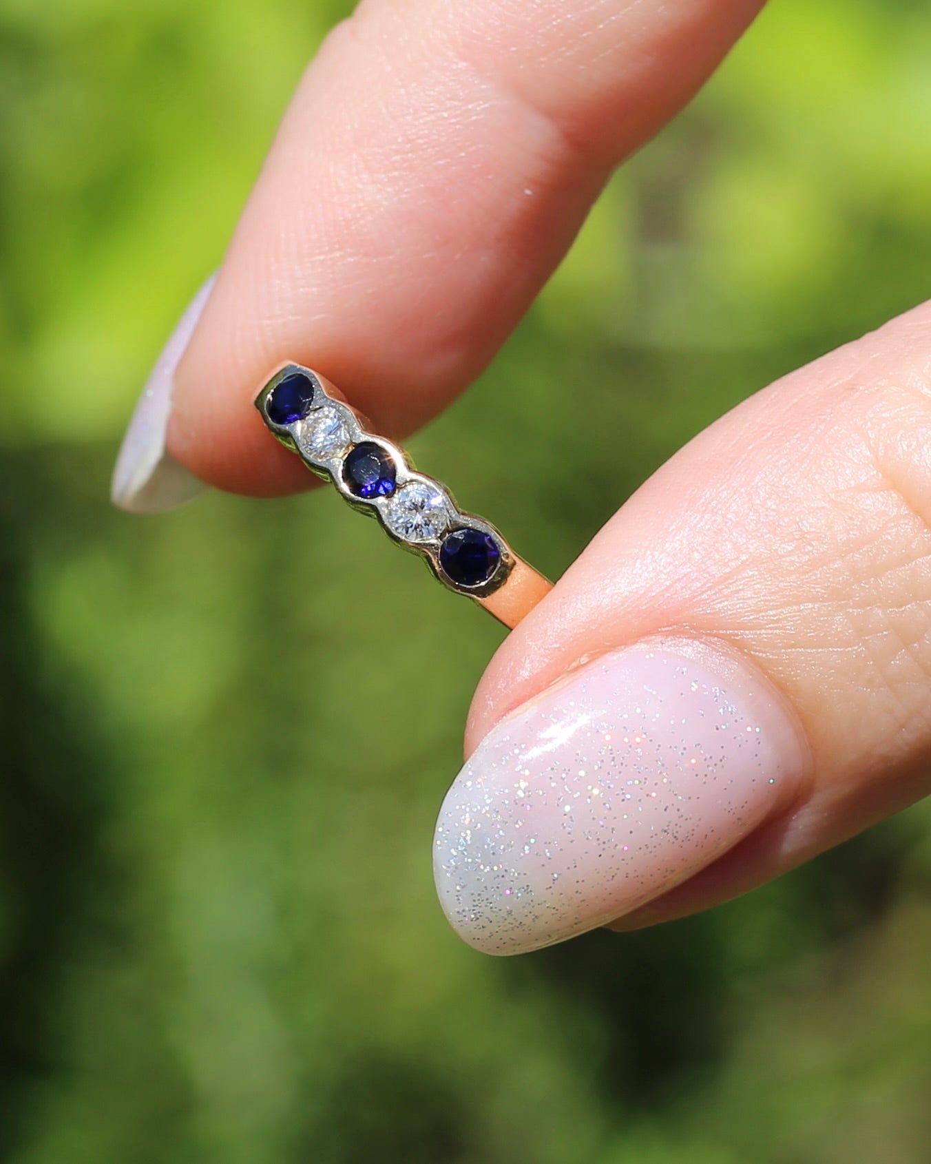 Second Glance - Five Stone Sapphire and Diamond Semi Bezel Ring, 9ct Yellow Gold, approx size N or 6.75 with Arthritis Balls, 2.42g