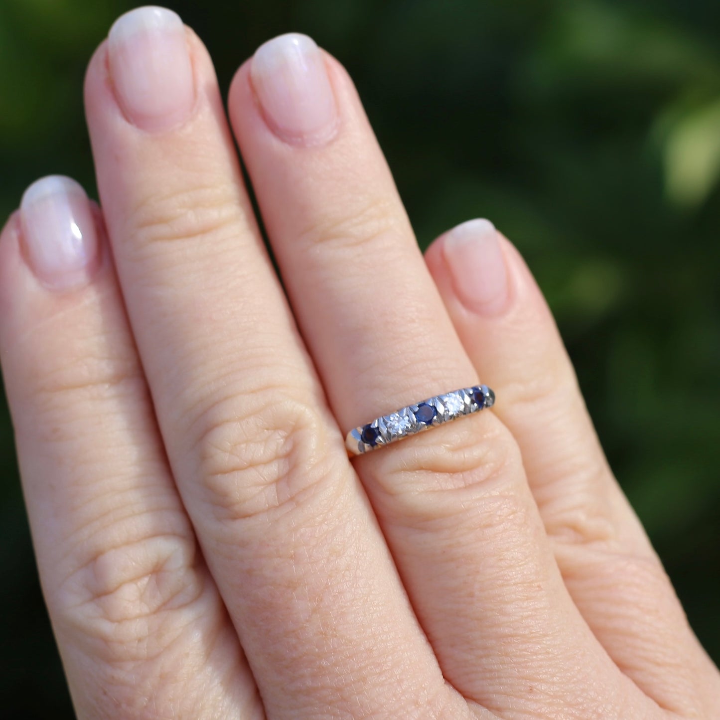 5 Stone Sapphire and Diamond Half Hoop, 18ct White and Yellow Gold, size M or 6.25