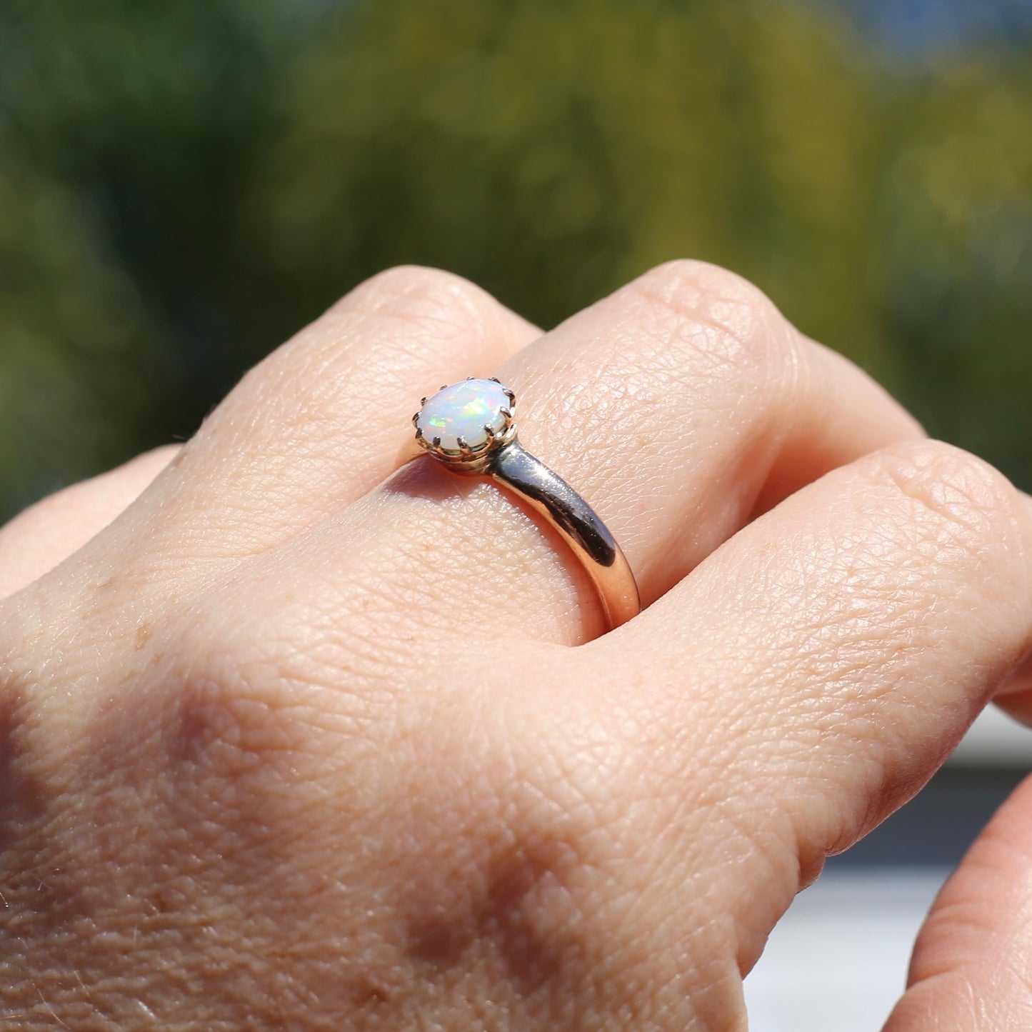 Early Australian 11 Multi Claw White Round Opal Ring, 9ct Old Rosey Gold, size 10 or U