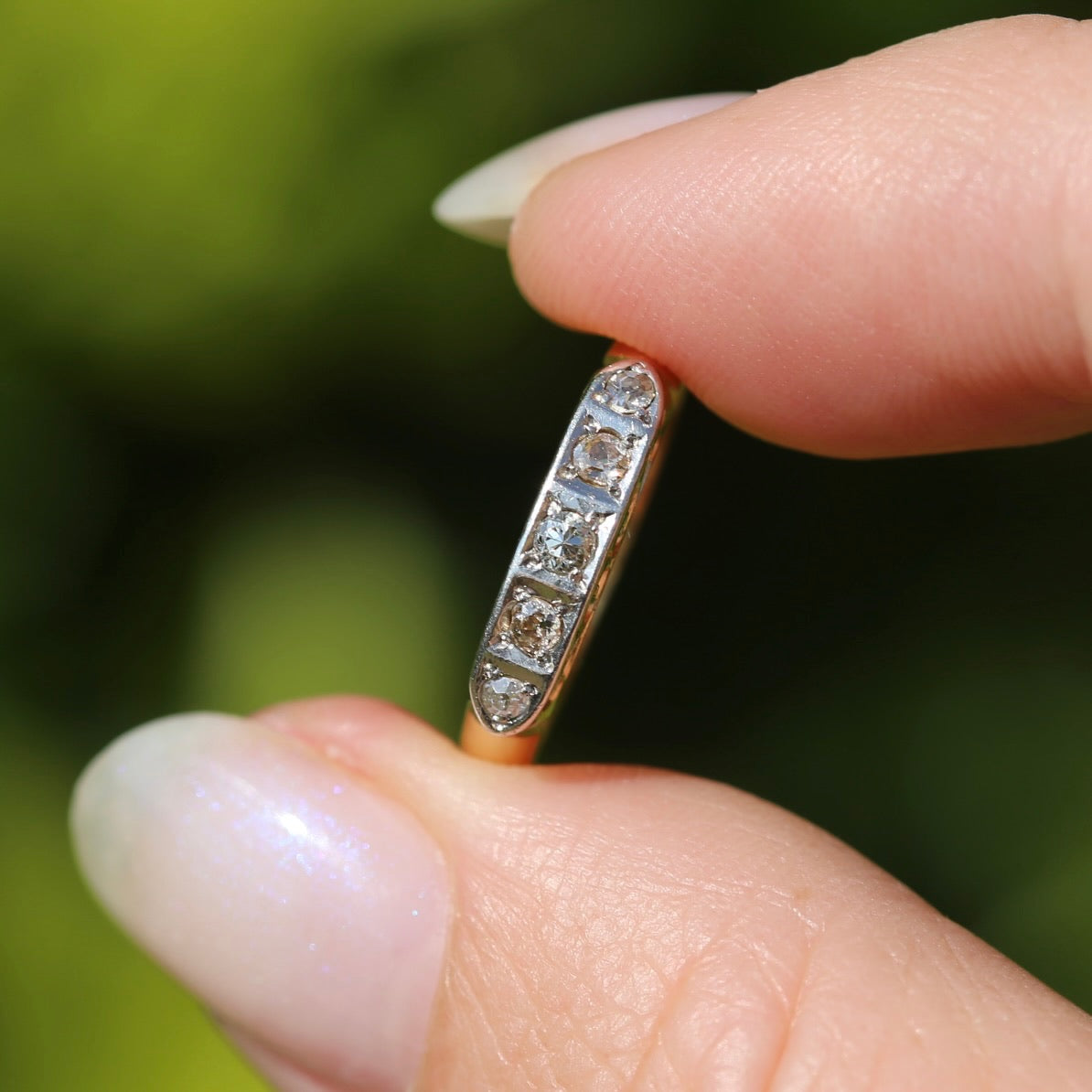 1930s Old Cut 5 Stone Diamond Ring, Platinum and 18ct Yellow Gold, size L or 5.75