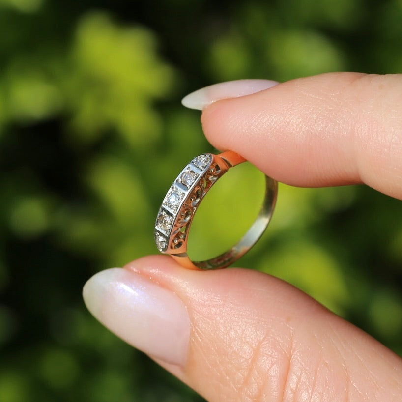 1930s Old Cut 5 Stone Diamond Ring, Platinum and 18ct Yellow Gold, size L or 5.75