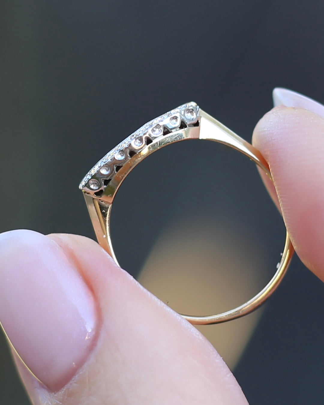 Vintique 7 Stone Single Cut Diamond & Milgrain Curved Stacker Ring, 14ct Yellow and White Gold, size P or just over 7.5, 1.49g