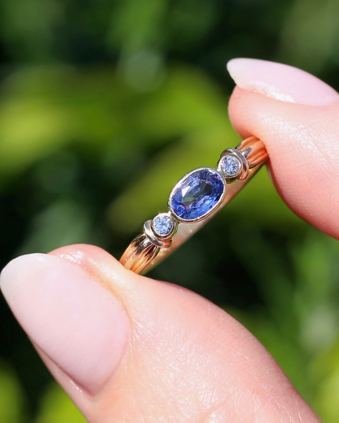 Vintage Bezel Set Cornflower Blue Sapphire and Diamond Ring, 9ct Yellow Gold, size O or 7.25