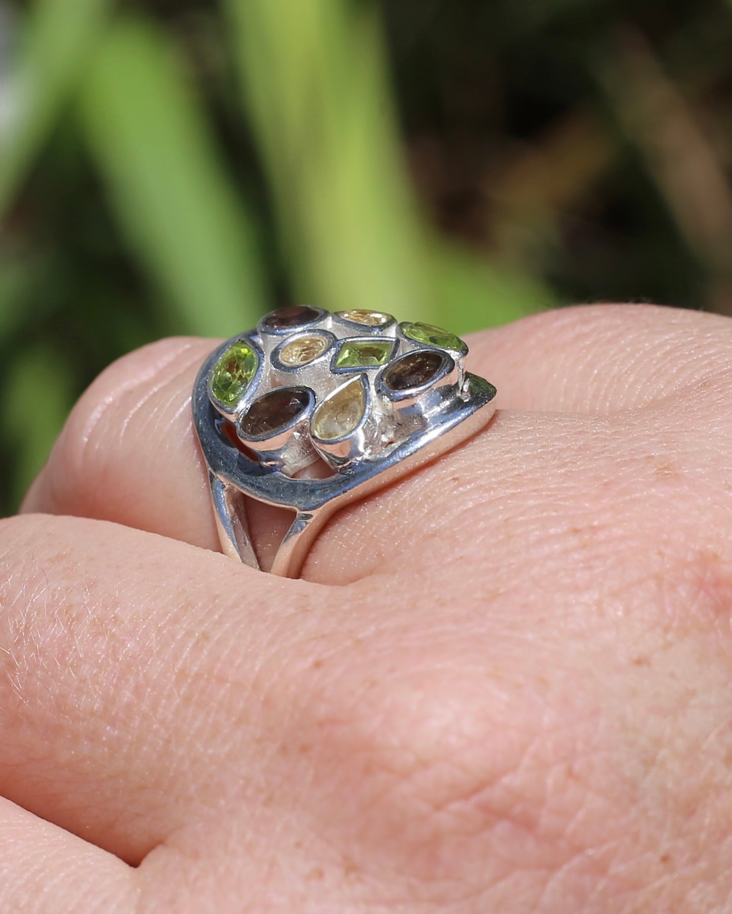 Peridot, Citrine and Smokey Quartz Bezel Set Ring, Sterling Silver, size P or 7.5, 8.27g