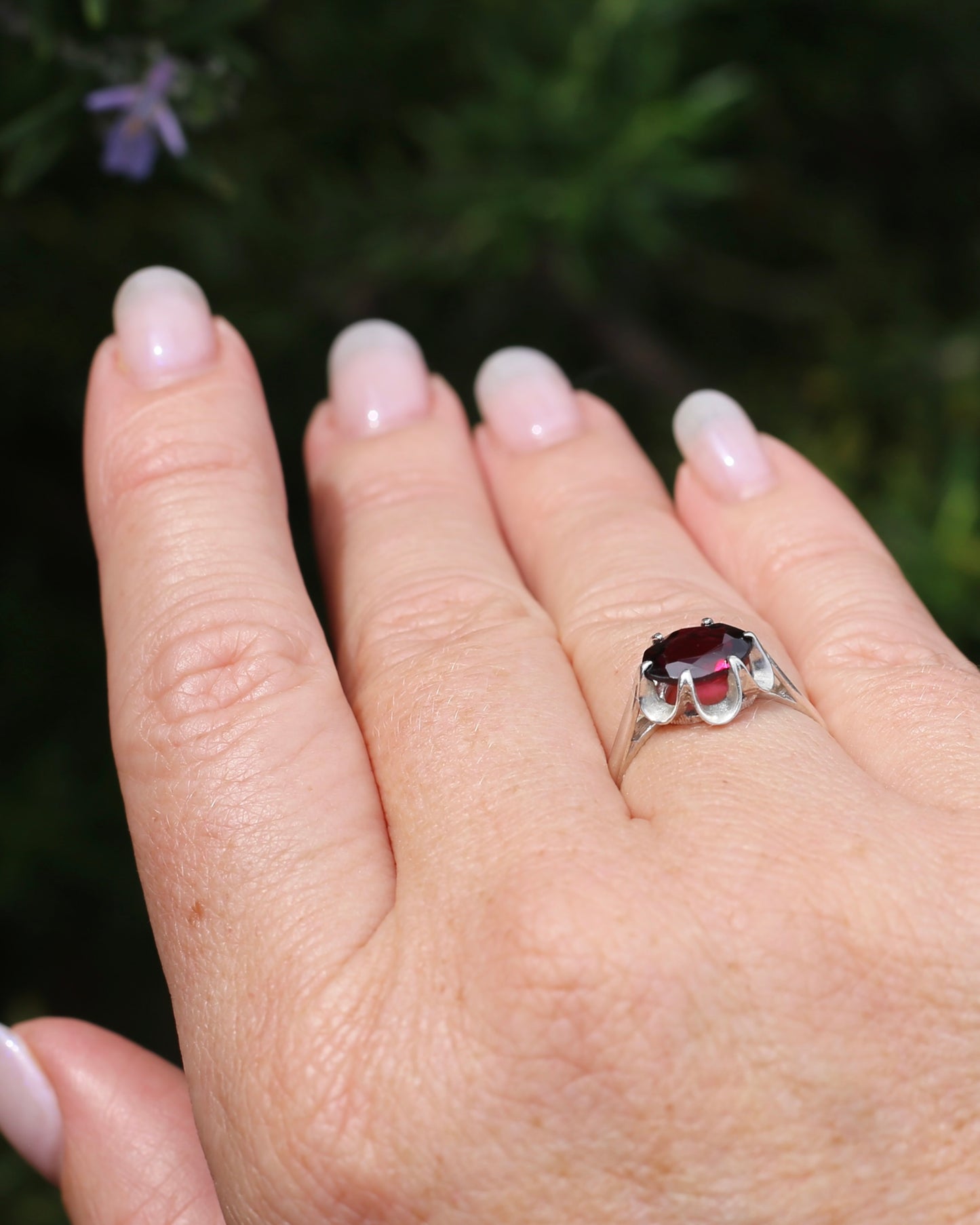 On HOLD Vintique Rhodolite Garnet Belcher Ring, Sterling Silver, size O1/2 or 7.5, 2.44g