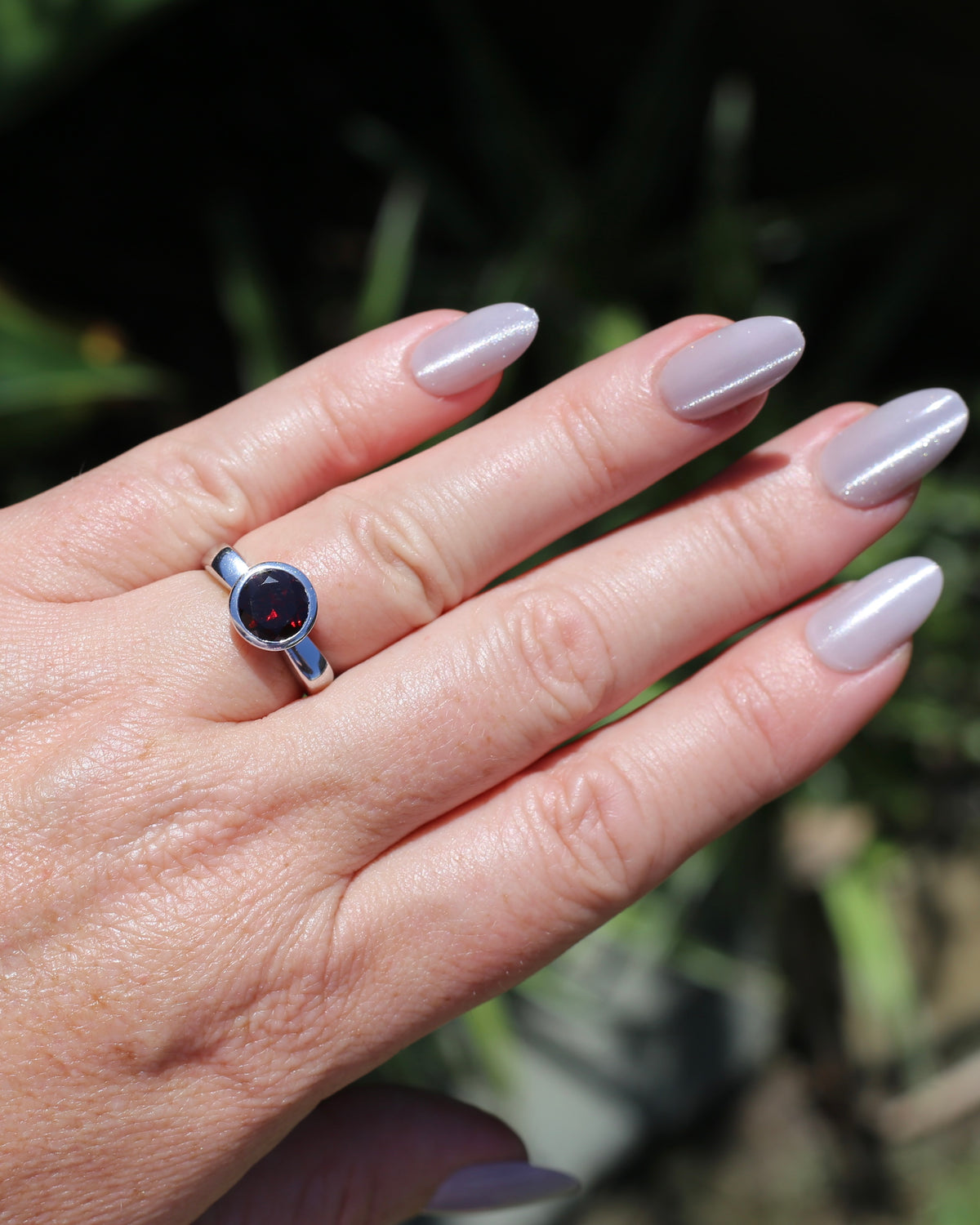 9mm Round Garnet in Bezel Set Silver Ring, Sterling Silver, size 7 or just over N1/2, 4.16g