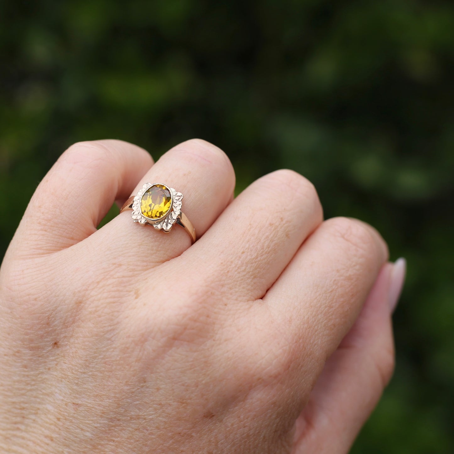 1994 Yellow Sapphire With Detailed Edges, 9ct Yellow Rosey Gold, size P or 7.5