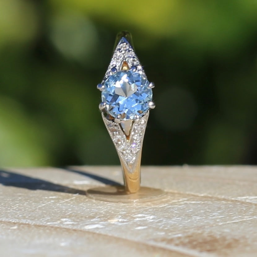 Pristine Early Australian 1930s Dunklings Blue Zircon & Diamond RIng, size L or just over 5.5