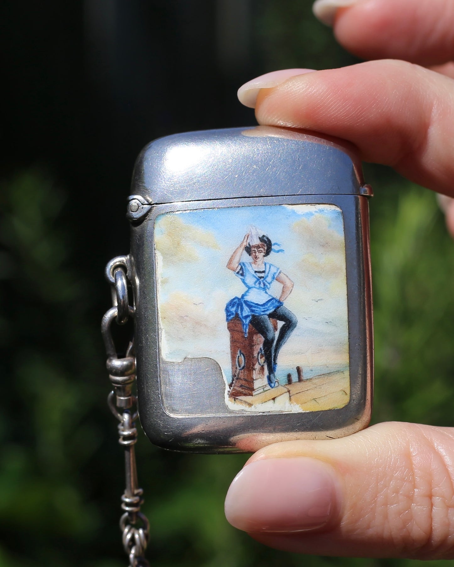 Antique 1896 Vesta Case featuring Enamel Sailor Girl, Sterling Silver, 39g