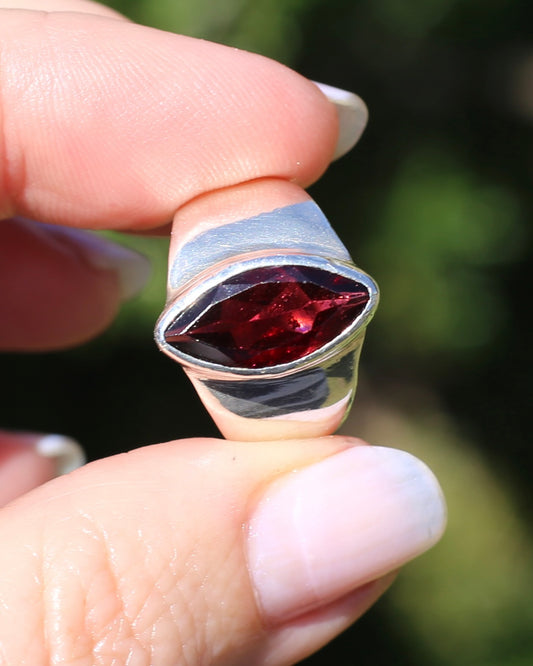 Bezel Set Marquise Garnet Ring, Sterling Silver, size R - fits more like Q-Q1/2 or 8.25, 7.65g