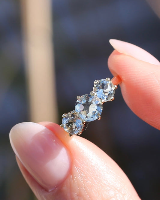 Prasiolite or Green Amethyst in Vintage Trilogy, 9ct Yellow Gold, size 7 or N1/2