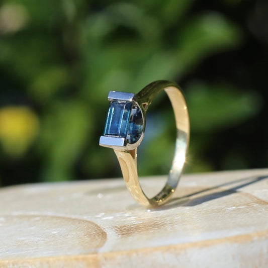 Vintage East West Emerald Cut Parti Sapphire Ring, 9ct White and Yellow Gold, size O or 7.25