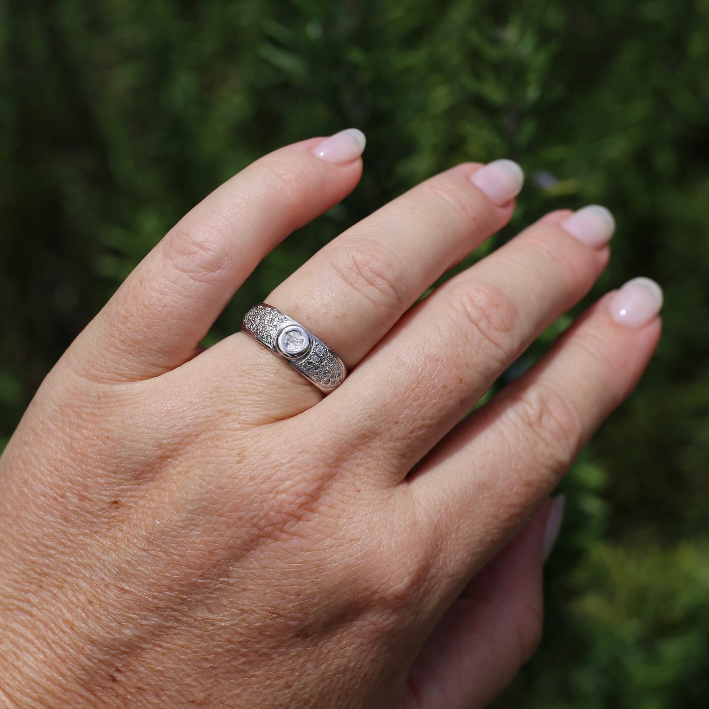 Bezel Set Old European Cut Diamond, in Pavé Setting of Diamonds, Chunky Platinum, size Q or 8 (fits more like an O1/2 - P), with valuation