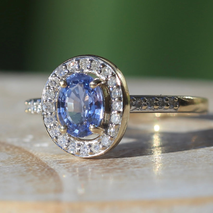 Sapphire and Single Cut Diamond Halo, 9ct Yellow Gold, size 10.25 or just bigger than U