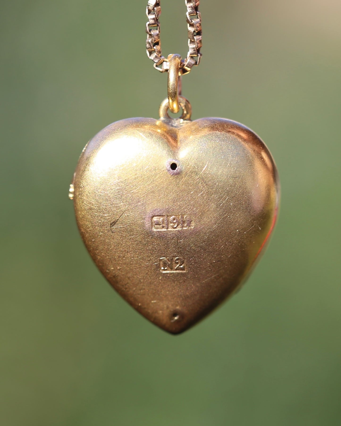 Early Australian Aronson & Co Puffy Heart set Pendant with Pearl and Green Gems, 9ct Yellow Gold, 2.59g