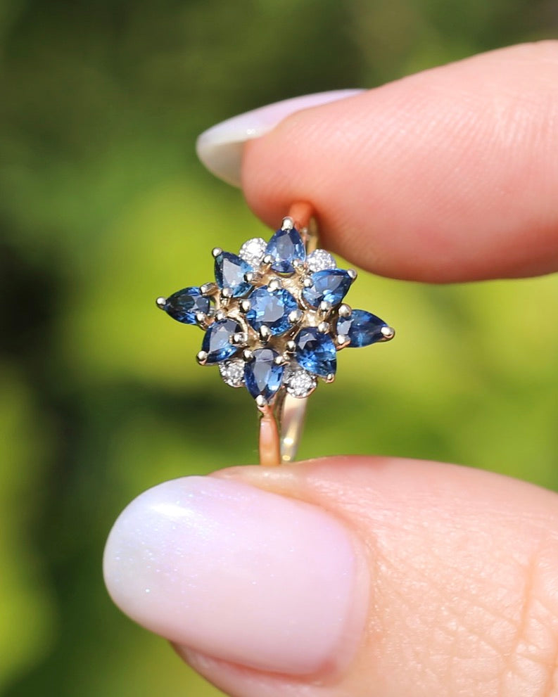 Vintage Blue Sapphire and Diamond Cluster Ring, 9ct Yellow Gold, size N or 6.75, 2.34g