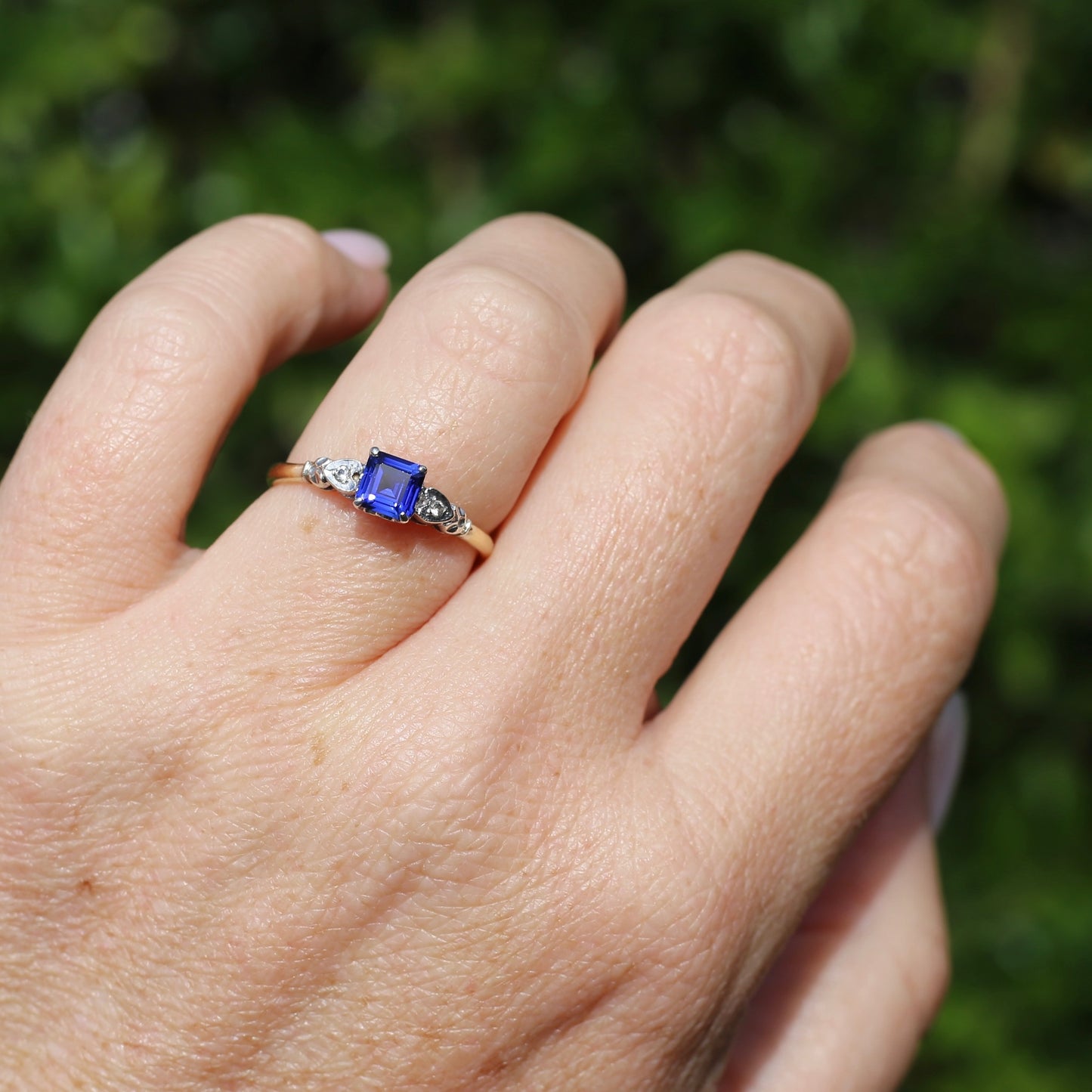 1930s Square Emerald Cut Blue Sapphire, 18ct Yellow and White Gold, size Q1/2 or just over 8.25