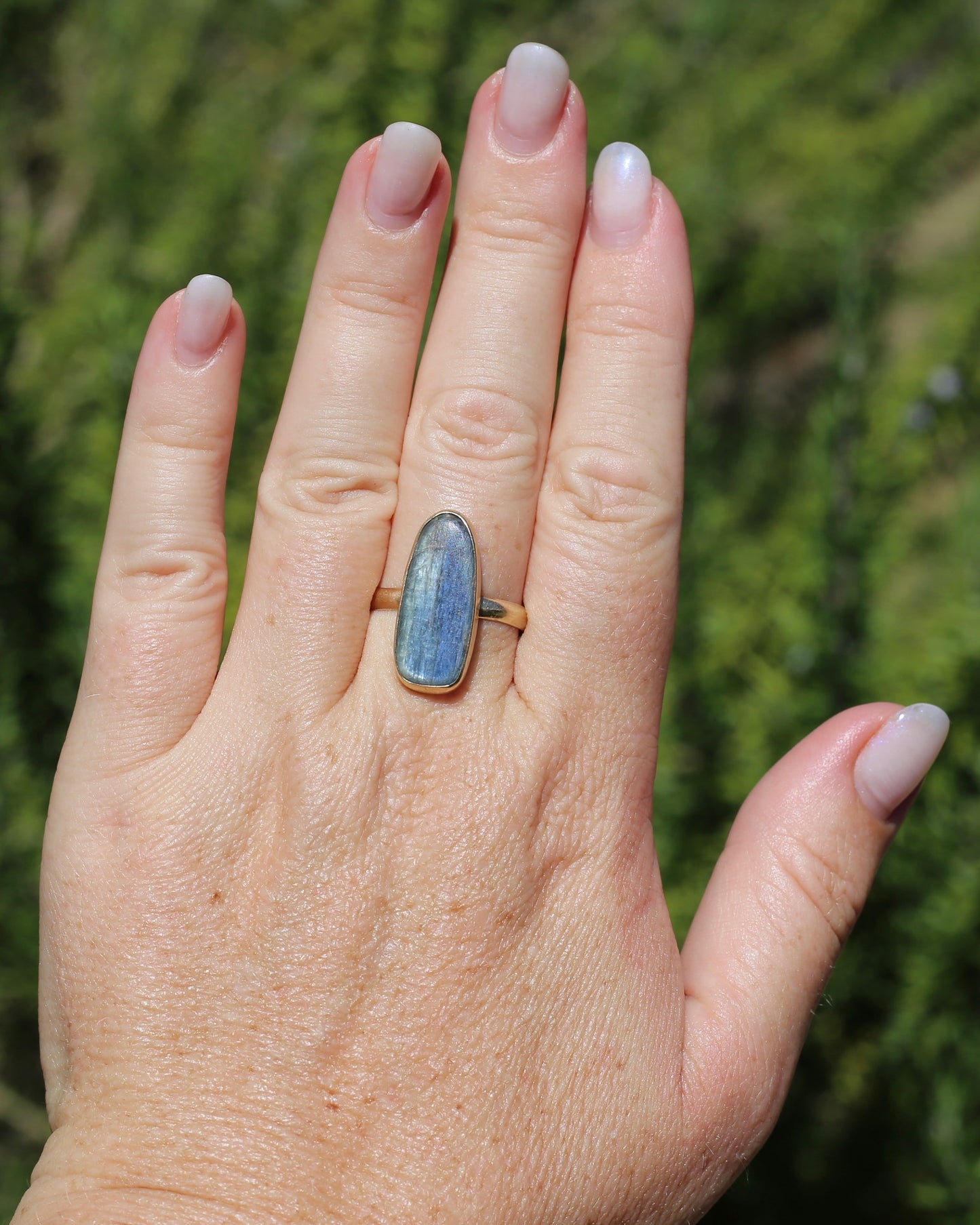 Rustic Freeform Labradorite Cabochon in Bezel Setting, 9ct Yellow Gold, size X1/2 or 11.75