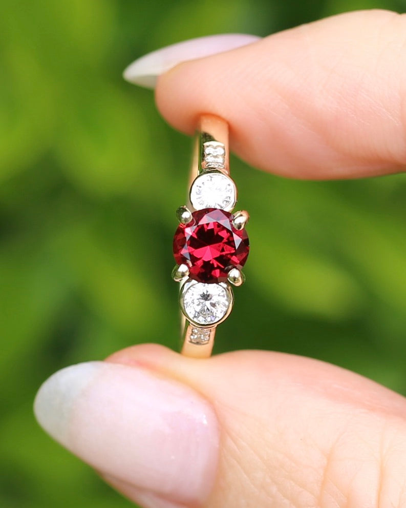 East African Rhodolite Garnet and Diamond Dais Trilogy, 9ct Yellow Gold, size S or 9.25