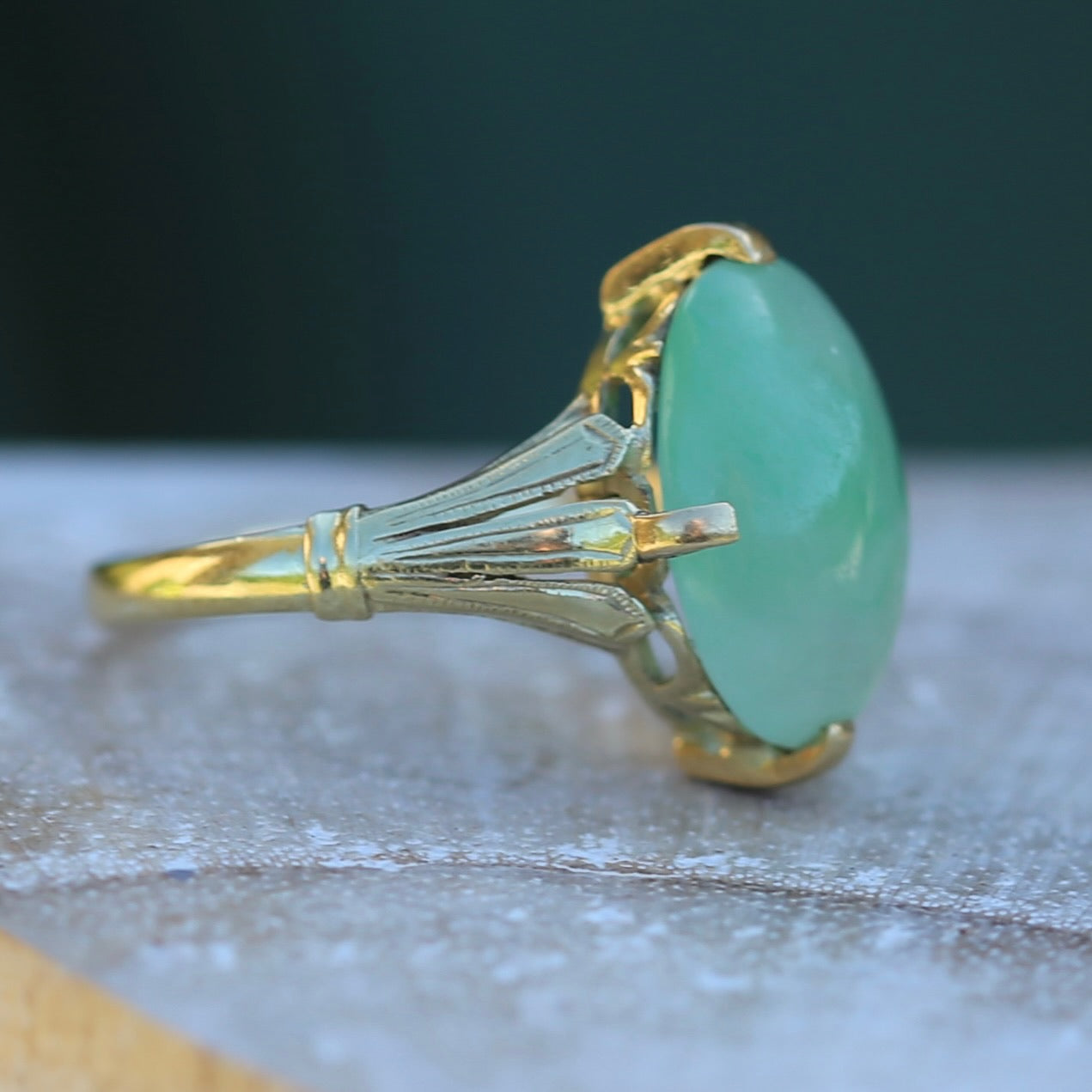 Apple Green Oval Jade Cabochon, 14ct Yellow Gold Claws with Fab Shoulders, size 5.5 or K1/2