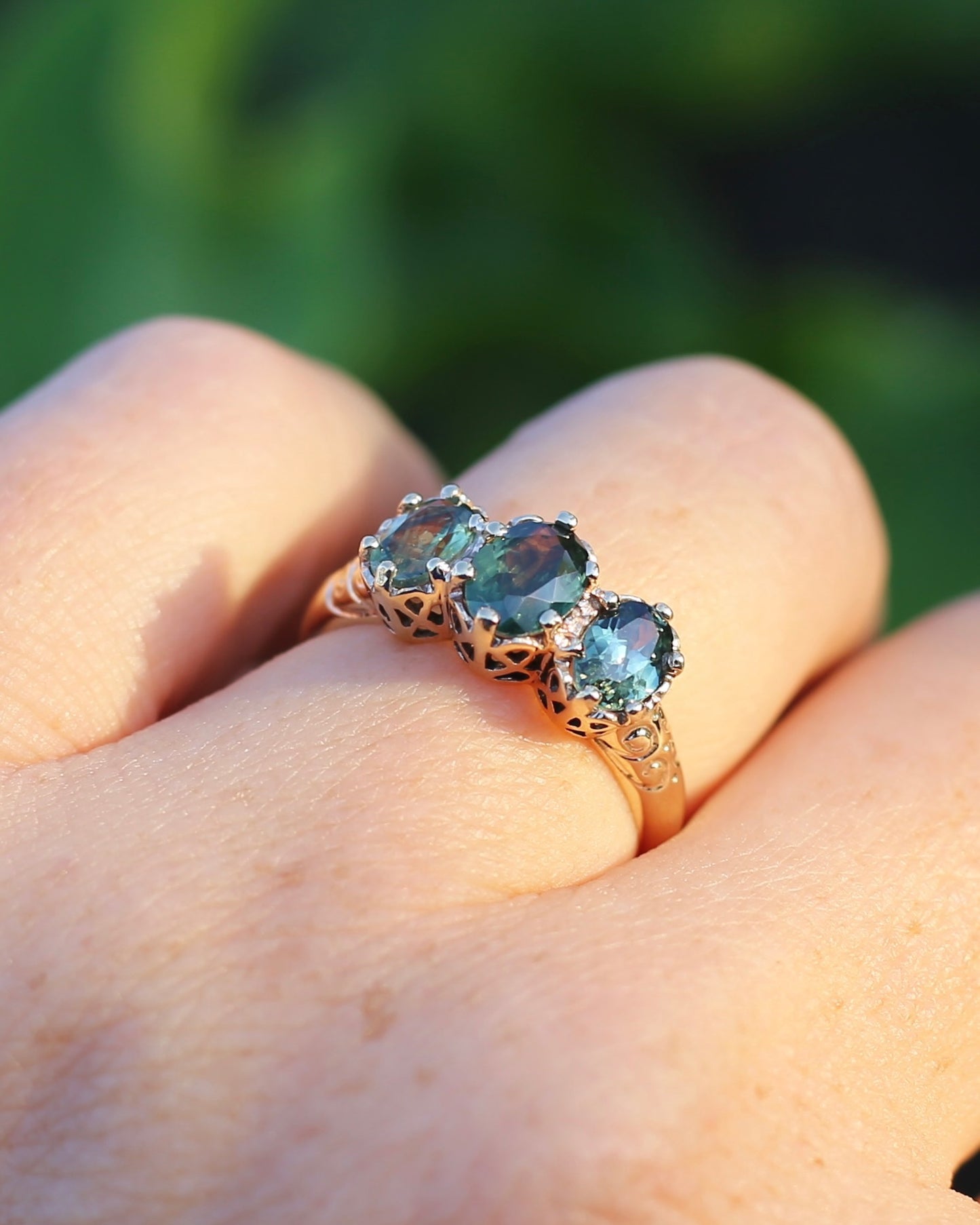 2.1ct Parti Sapphire Trilogy, in Vintage 9ct Yellow Gold Filigree, size O or 7.25