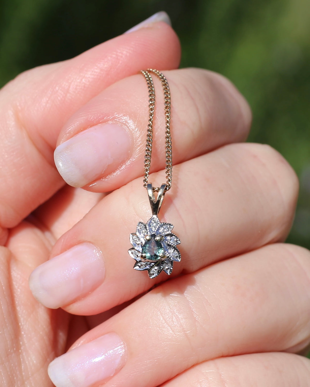 0.3ct Natural Green Parti and Natural Illusion Set Diamond Leaf Halo Pendant, 9ct Yellow Gold, 0.72g