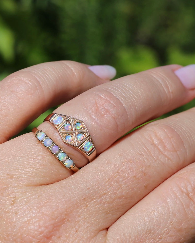 Outstanding Opals in Birmingham Made Rose Gold Shield Faced Ring, 9ct Rose Gold, size Q or 8.25, 2.57g