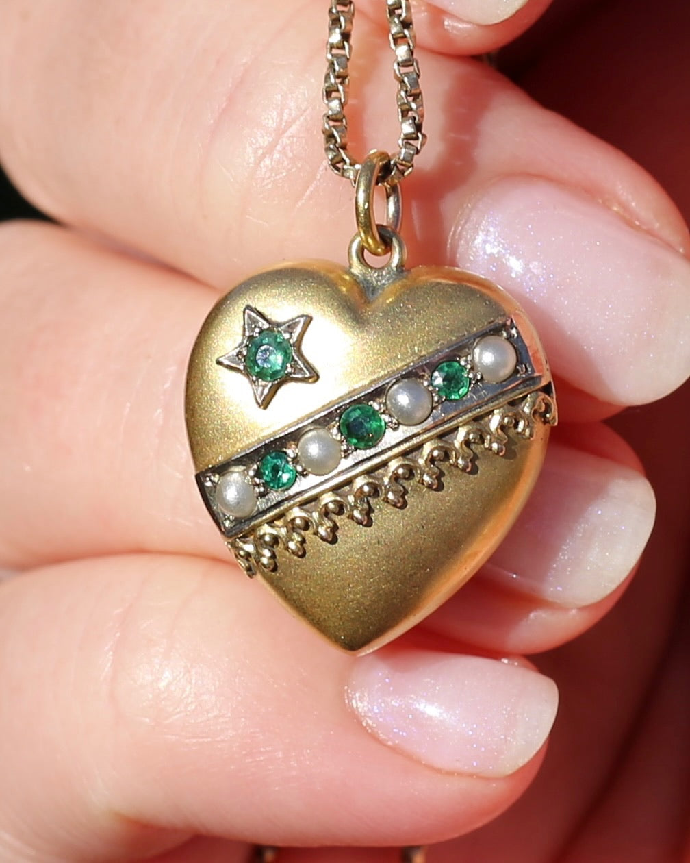 Early Australian Aronson & Co Puffy Heart set Pendant with Pearl and Green Gems, 9ct Yellow Gold, 2.59g