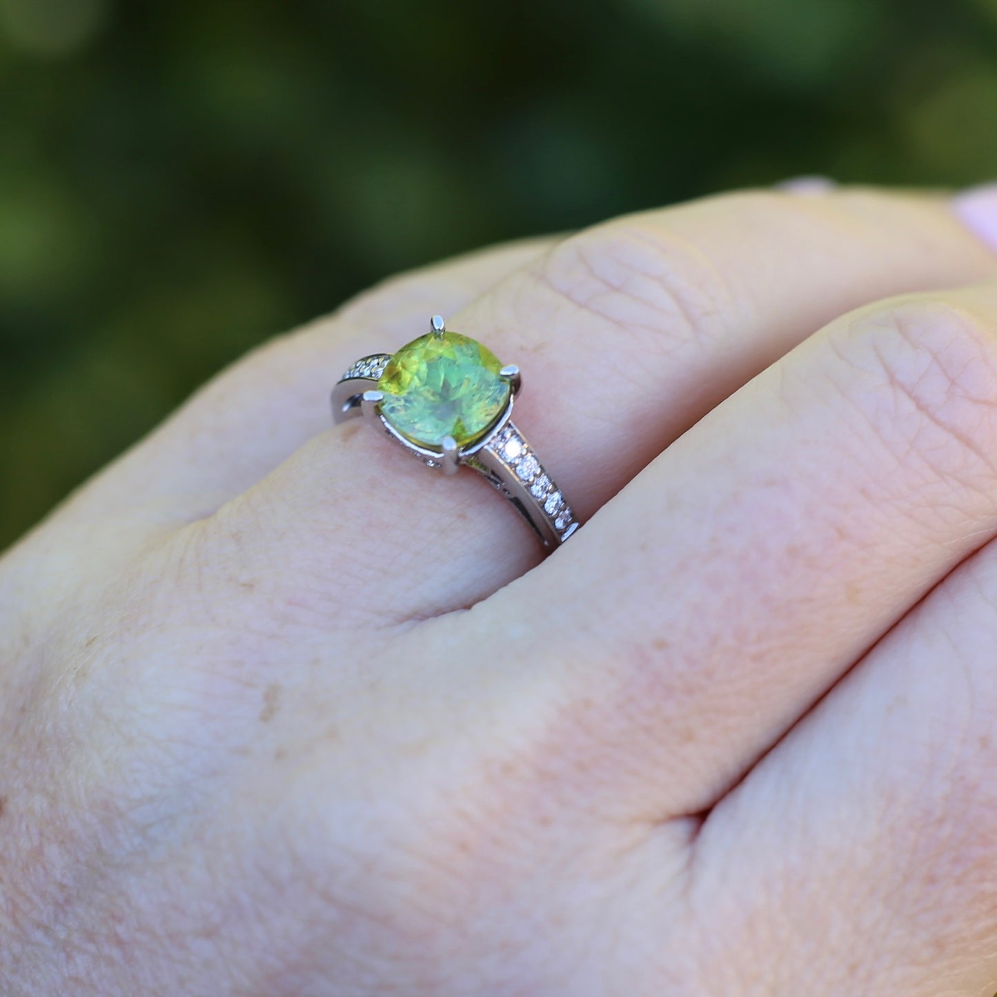 4.11ct Green Zircon and Diamond Ring, 14ct White Gold, size N1/2 or 7, with valuation