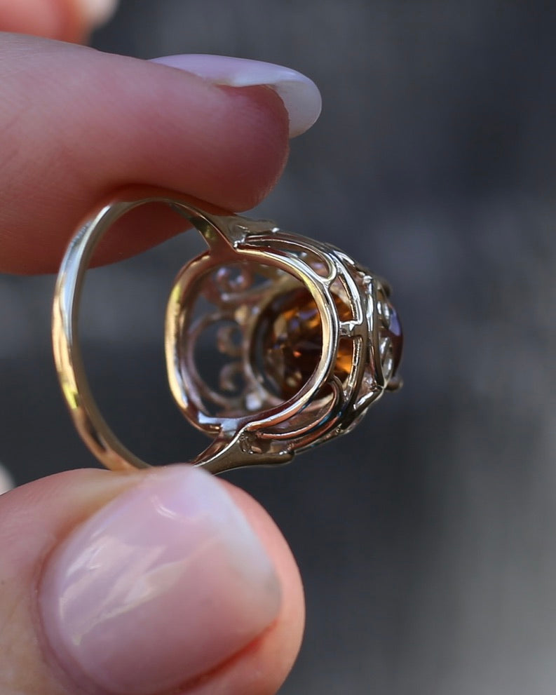 6.9ct Oval Natural Zircon in Raised Filigree Setting, 10ct Yellow Gold, size M1/2 or 6.5, 4.83g