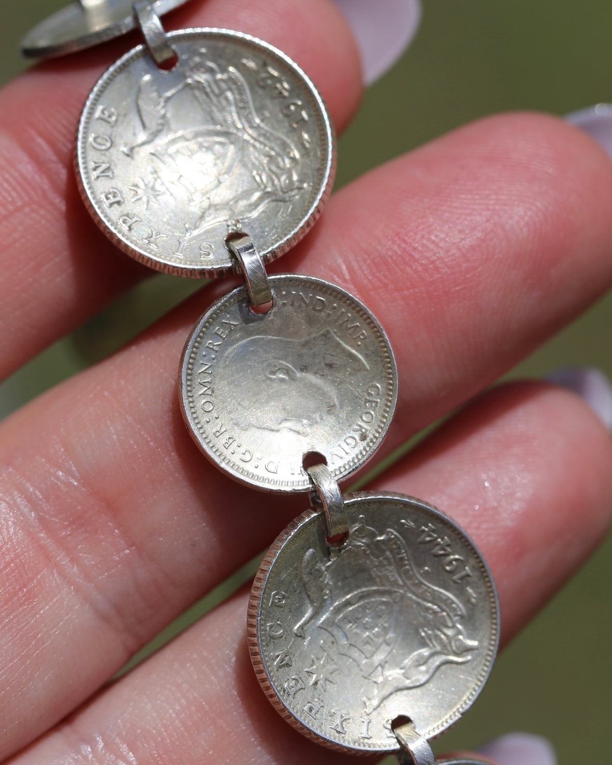 WWII Lucky Sixpence and Threepence Bracelet - coins 1938, 1942, 1943, 1944, 92.5% silver, 17.5cm or just under 7 inches, 19.83g