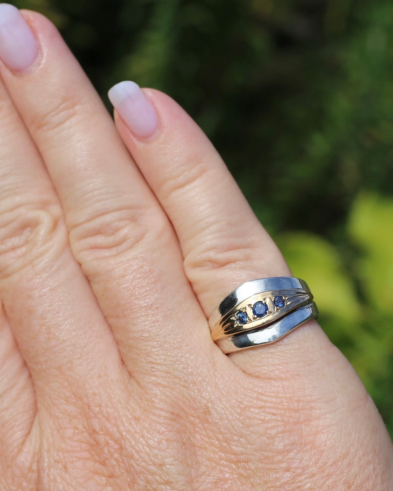 Mixed Metal Wide Band Featuring 3 Rubyvale Sapphires Mined in 1992, Sterling Silver and 14ct Yellow Gold, size O or just over 7 (fits more like an M1/2 or N), 6.81g
