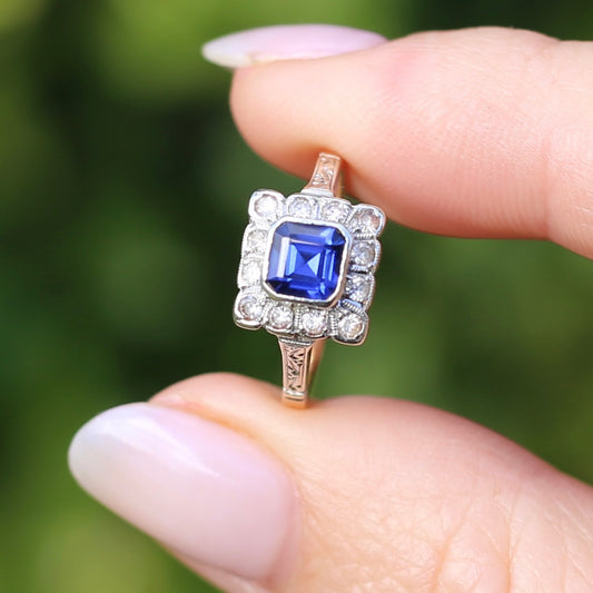 1930s Mixed Metal, Sapphire and White Spinel Halo Ring, 9ct Yellow and White Gold, size J1/2 or 5