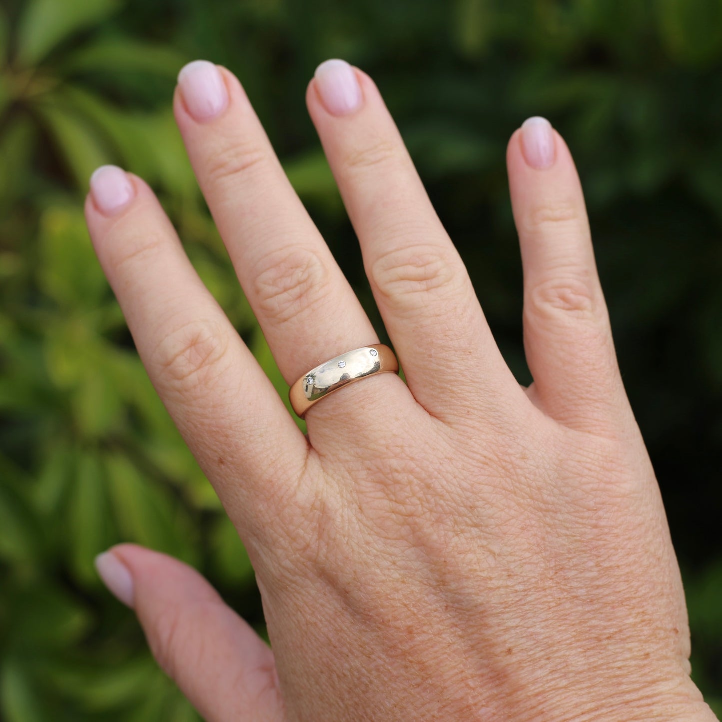 Chunky Half Round 9ct Gold Ring with 3 Punch Set Diamonds, 9ct Yellow Gold, size 8.5 or just under R